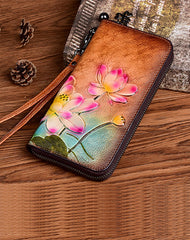 Womens Lotus Flowers Coffee Leather Wristlet Wallets Zip Around Wallet Flowers Ladies Zipper Clutch Wallet for Women