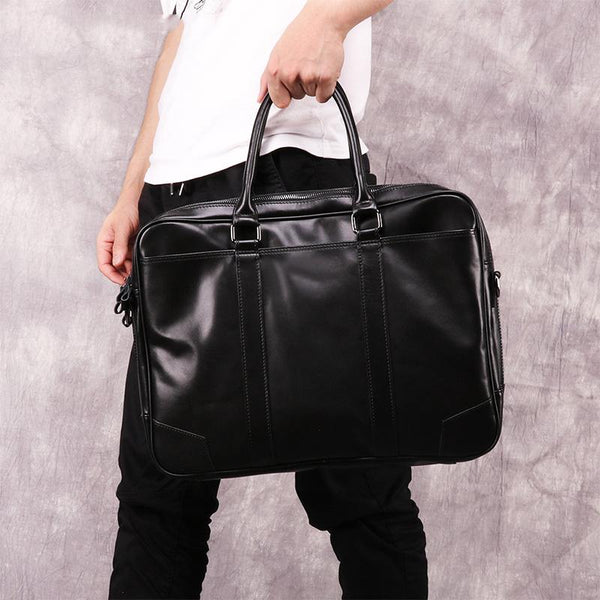 Black Leather Mens 15.6 inches Laptop Work - Back View