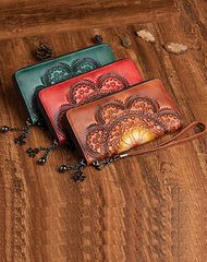 Womens Floral Brown Leather Wristlet Wallet Flower Zip Around Wallets Floral Ladies Zipper Clutch Wallets for Women