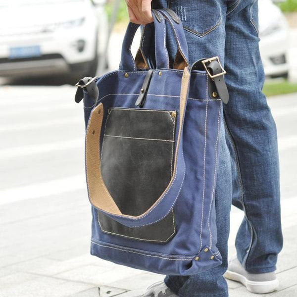 White Canvas Leather Mens Tote Handbags Messenger - Back View