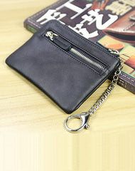 Cute Women Navy Leather Mini Zip Billfold Wallet with Keychain Navy Coin Wallet Small Zip Change Wallet For Women