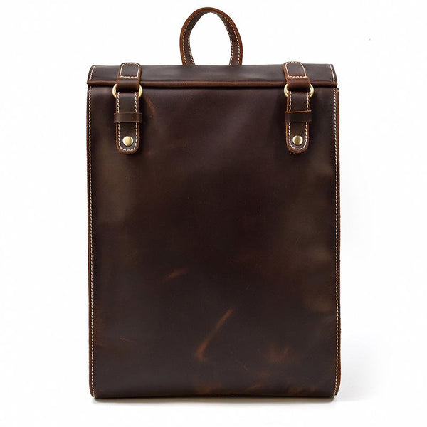 Dark Brown Mens Leather Satchel College Backpack - Back View