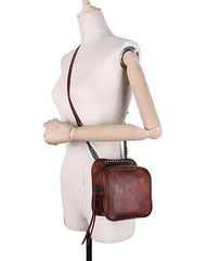 Womens Brown Leather Cube Small Side Bag Mini Shoulder Bag Best Square Crossbody Purse for Ladies