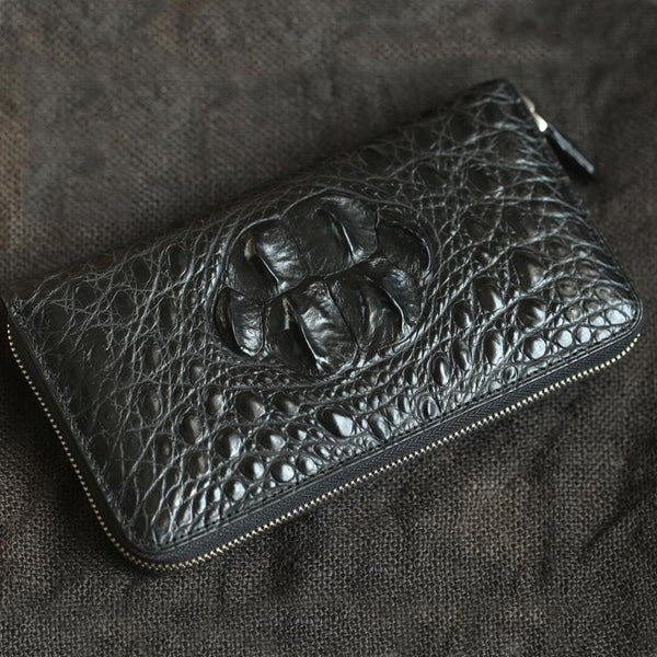 Brown Crocodile Leather Mens Black Zipper Bifold Long Wallet Black Clutch Wallet CB0998020