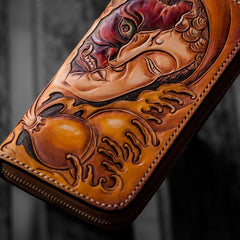 Handmade Mens Long Leather Wallet Cool Buddha&Demon Tooled Wallet Long Zipper Wallets for Men