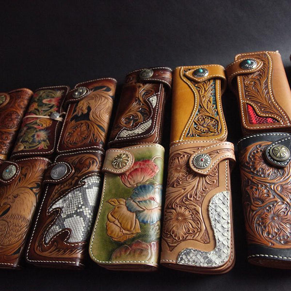 Tooled Handmade Leather Mens Long Biker Wallets - Back View