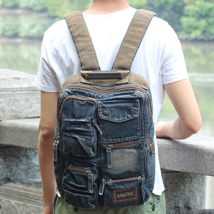 Denim Blue Mens 14 inches Backpack School Backpack Blue Jean Travel Backpack For Men - EverHandmade