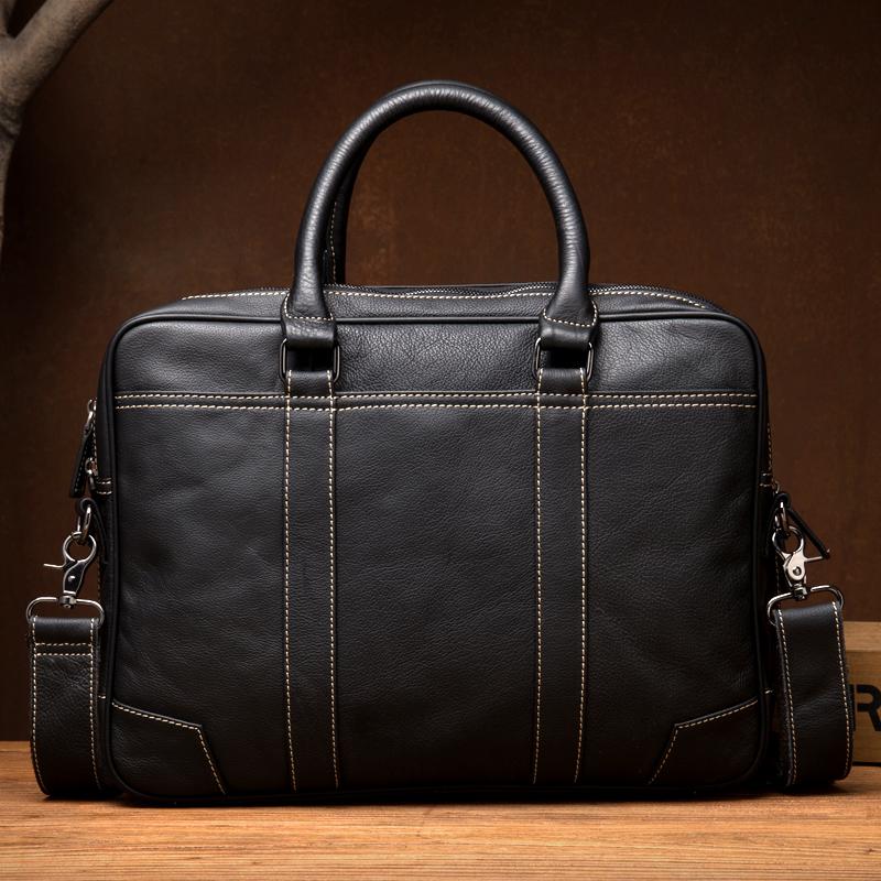 Black Leather Mens 15 inches Briefcase Laptop Side Bag Business Bags Work Bags for Men