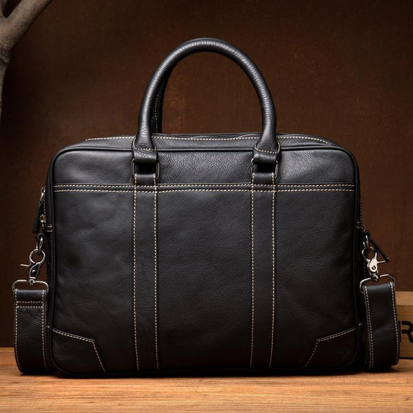 Black Leather Mens 15 inches Briefcase Laptop - Back View