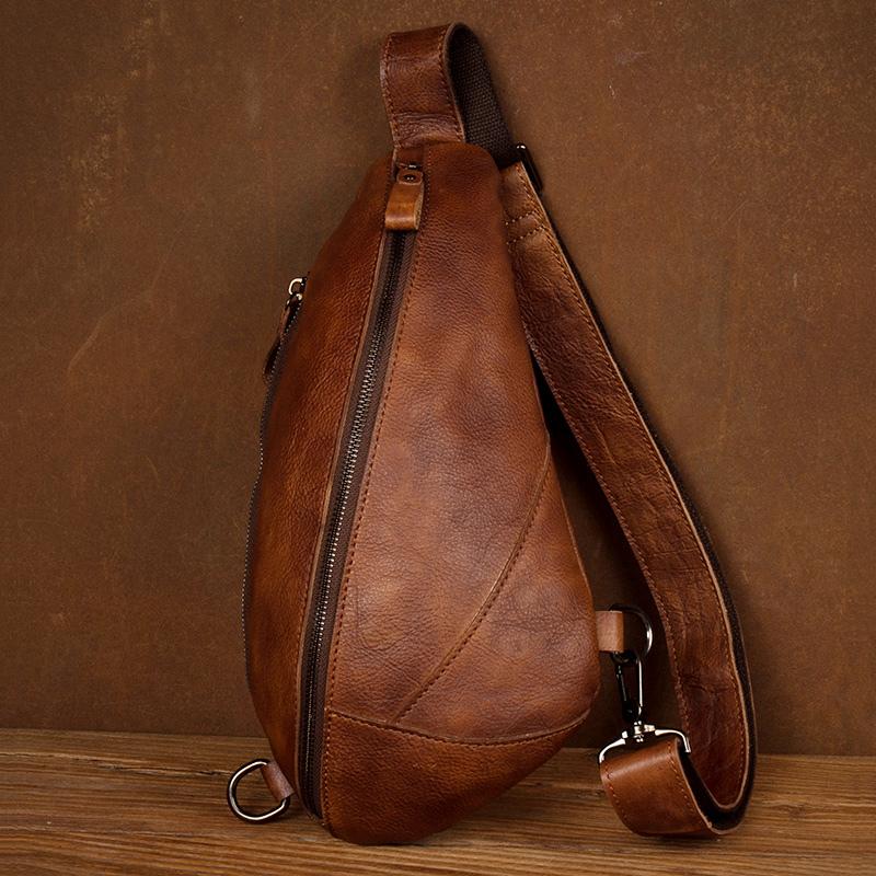 Brown Casual Leather Mens Sling Bag Chest Bags Brown SLing Pack One Shoulder Backpack for Men