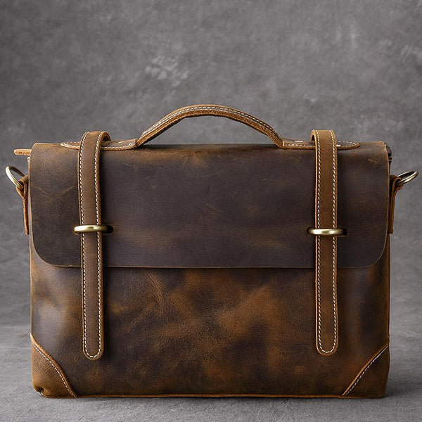 Leather Mens Brown Briefcase 13'' Laptop Bag Messenger Bag Shoulder Bag For Men 24J02891059