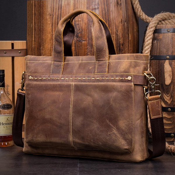 Casual Brown Leather 15 inches Laptop Briefcase - Back View