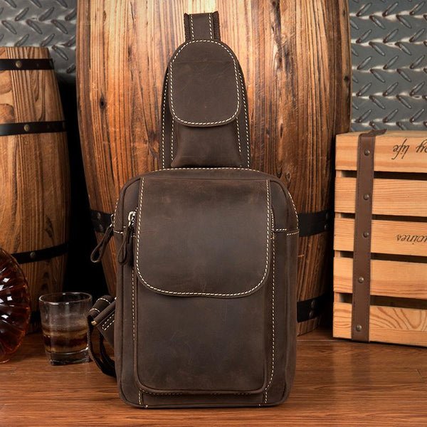 Cool Brown Leather Mens One Shoulder Backpack Sling Bag Brown Crossbody Pack Che MSG02781140