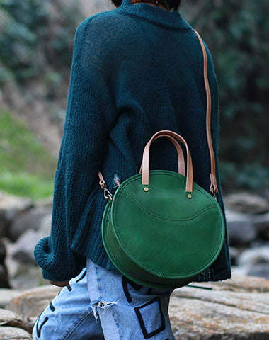 Vintage Womens Green Leather Round Handbag Purses Green Round Shoulder