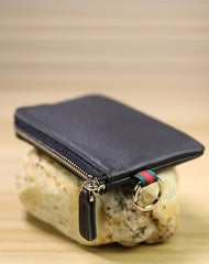 Slim Women Red Leather Mini Zip Wallet with Keychain Billfold Minimalist Coin Wallet Small Zip Change Wallet For Women