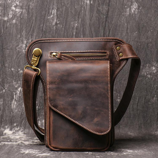 Brown MENS LEATHER FANNY PACK FOR MEN Coffee Drop Leg Bag BUMBAG WAIST BAGS FY02182012