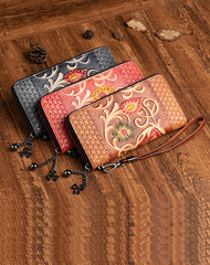 Vintage Floral Black Leather Wristlet Wallet Womens Zip Around Wallets Floral Ladies Zipper Clutch Wallets for Women
