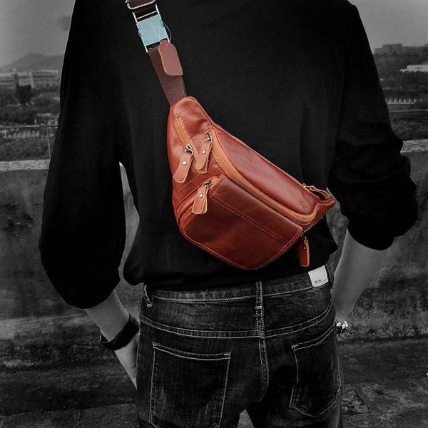 Casual Brown MENS LEATHER FANNY PACK FOR MEN 