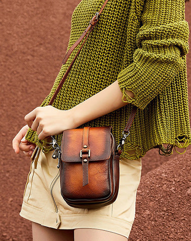 Brown Leather Womens VIntage Phone Shoulder Bag Small Side Bag Handmade Crossbody Purse for Ladies