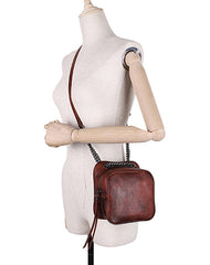 Womens Red Leather Cube Small Side Bag Mini Shoulder Bag Best Square Crossbody Purse for Ladies