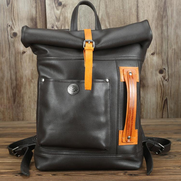Mens Leather 14 inches Large School Laptop Backpack Rollup Khaki Brown Travel Ba FY03382220