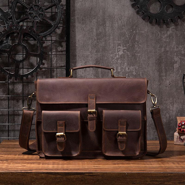 Cool Coffee Leather Mens Briefcase 14inch Laptop Bag Work Handbag Business Bag for Men