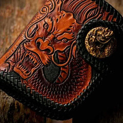 Handmade Leather Tooled Chinese Dragon Biker Wallet Mens Cool billfold Chain Wallet Trucker Wallet with Chain