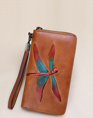 Dragonfly Gray Leather Wristlet Wallets Womens Zip Around Wallet Ladies Zipper C WW01991048
