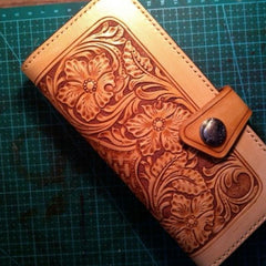 Handmade Tooled Floral Mens Leather Long Wallet Cool Long Wallet for Men