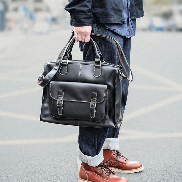 Handmade Black Mens Leather Briefcase Work Handbag - Back View