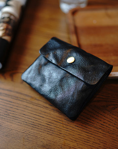 Vintage Womens Black Leather Billfold Wallet Small Wallet with Coin Pocket Mini Envelope Wallet for Ladies