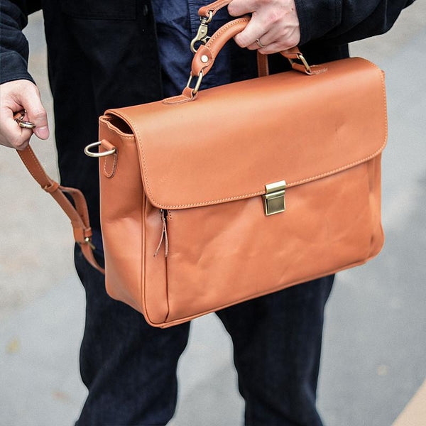 Vintage Light Brown Mens Leather Briefcase Work - Back View