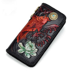 Handmade Leather Tooled Carp Prajna Mens Chain Biker Wallet Cool Leather Wallet Zipper Long Phone Wallets for Men