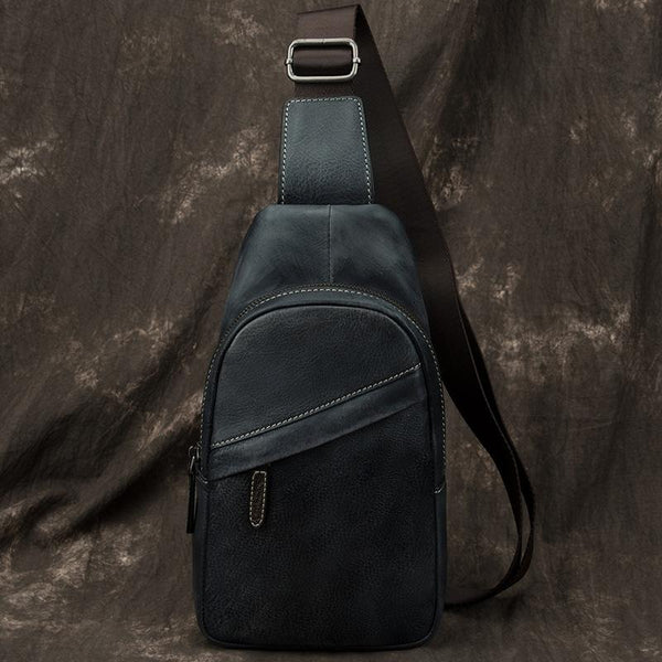 Blue Leather Mens Sling Bag Sling Backpack - Back View