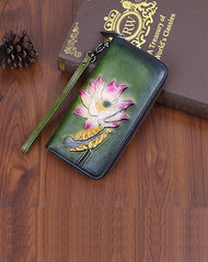 Womens Lotus Flower Brown Leather Wristlet Wallets Zip Around Wallet Flower Ladies Zipper Clutch Wallet for Women