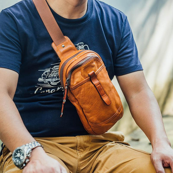 Fashion Brown Leather Men Sling Pack Chest - Back View