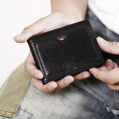 Genuine Leather Mens Cool Black billfold Leather Card Wallet Men Small Wallets License Wallet License Holder for Men