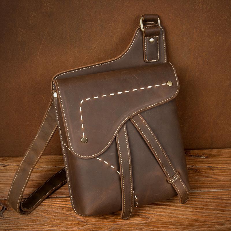 Cool Brown Mens Leather Small Side Bag Vintage Messenger Bags Courier Bag for Men