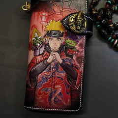 Badass Black Leather Men's Naruto Long Biker Wallet Handmade Tooled Zipper Long Wallets For Men