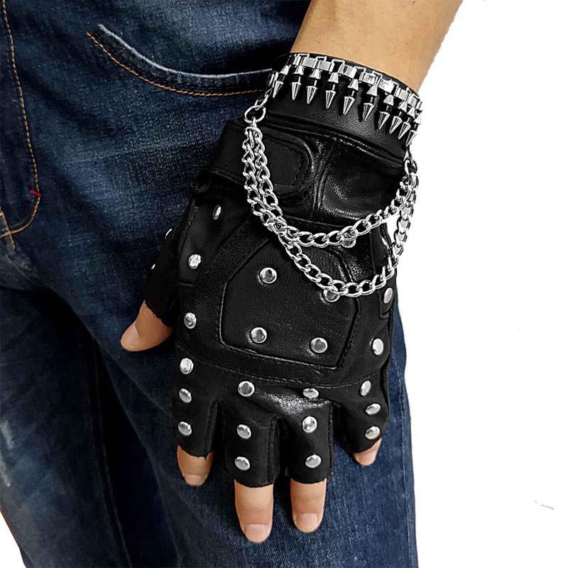 Cool Mens Punk Black Leather Half-Finger Rock Gloves Motorcycle Gloves Biker Gloves For Men