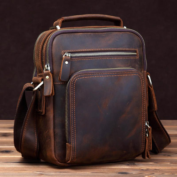 Small Brown Leather Messenger Bag Men's Vertical - Back View