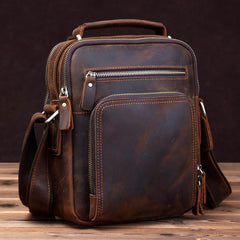 Small Brown Leather Messenger Bag Men's Vertical Side Bag Mini Vertical HandBag Courier Bag For Men