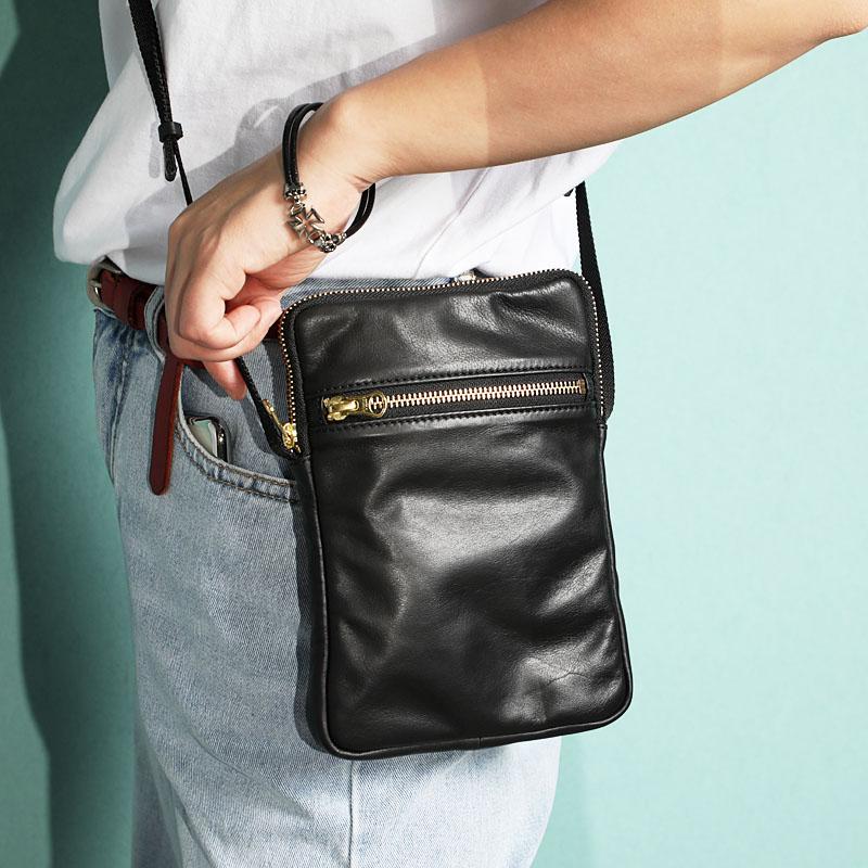 CASUAL BLACK LEATHER MEN'S 8 INCHES MIni Vertical Side Bag MESSENGER BAG BLACK PHONE Courier BAG FOR MEN