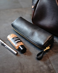 Vintage Women Black Leather Zipper Pencil Pouch Cosmetic Case Makeup Bag Wallet For Women