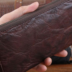 Genuine Leather Mens Cool Long Leather Wallet Zipper Clutch Wristlet Wallet for Men