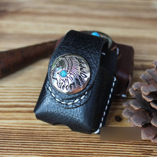 Mens Black Leather Armor Zippo Lighter Cases - Back View