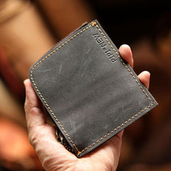 Handmade Slim Black Leather Mens billfold Wallet Zipper Small Wallet Front Pocket Wallet For Men