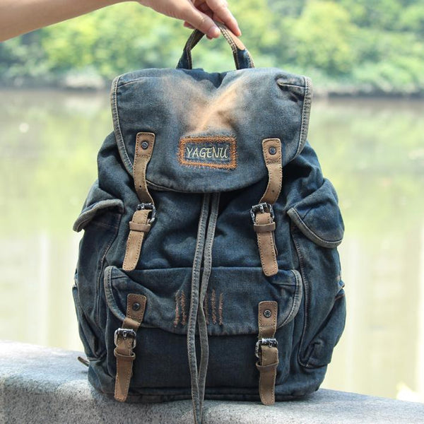Denim Blue Mens Large Backpack School Backpack Blue Laptop Backpack For Men AIZ01851058