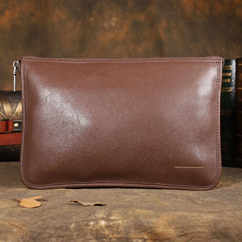 Coffee Leather Mens Large Leather Wallet Wristlet Bag Black Envelope Bag Clutch Wallet for Men