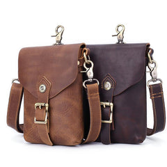Vintage Brown Leather Men's Belt Pouch Cell Phone Holster Waist Belt Bag Mini Side Bag For Men